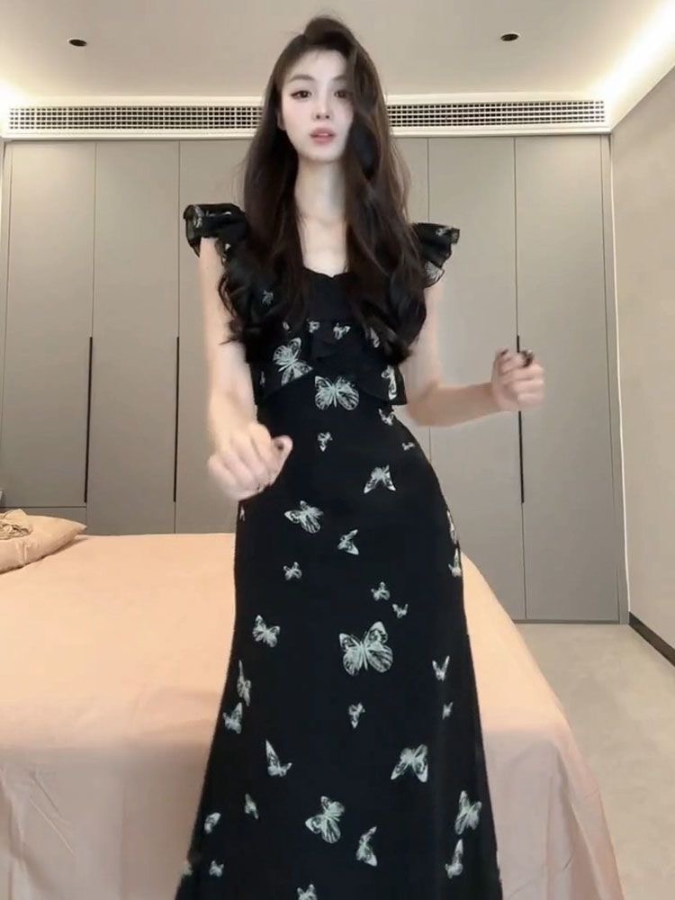 高級感法式小飛袖碎花連衣裙子女裝2025新款夏季小眾韓系黑色長裙