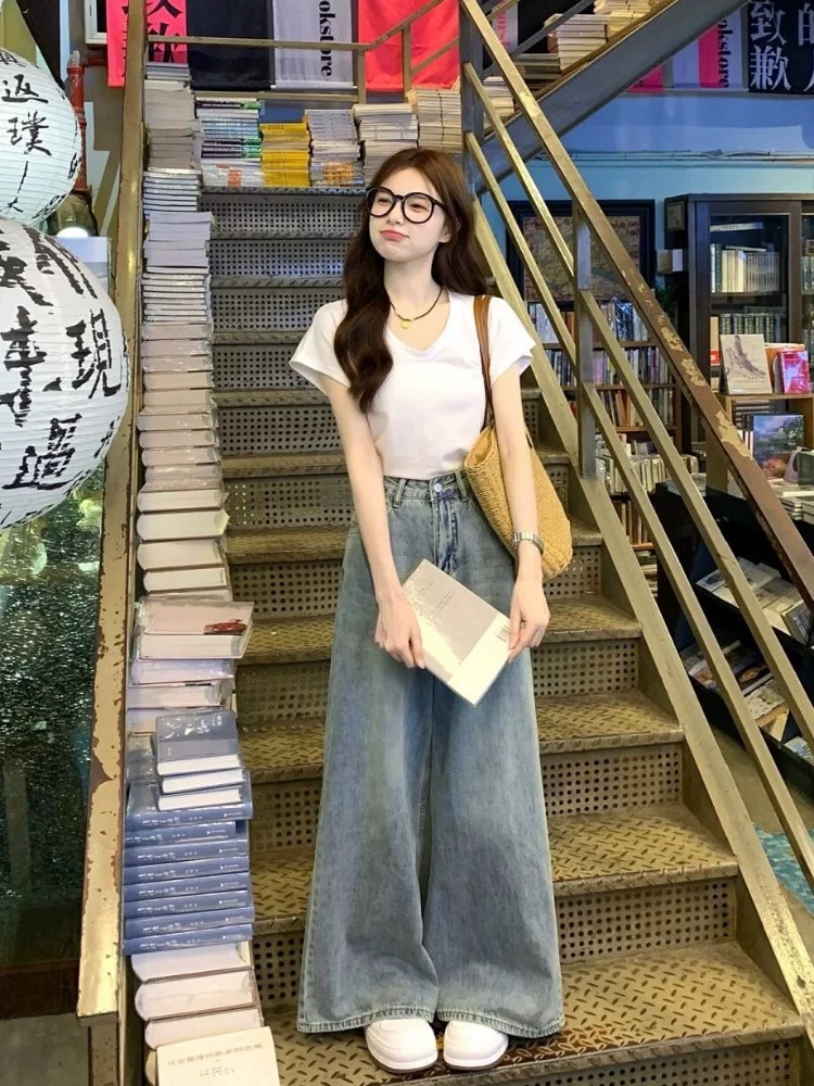 高腰牛仔闊腿褲女春季小個子寬鬆直筒2025年新款顯瘦拖地喇叭褲裙