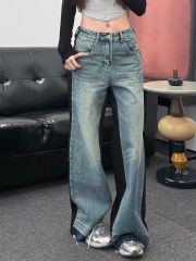 大碼美式高街撞色拼接闊腿牛仔褲女2025新款潮牌寬鬆顯瘦直筒長褲