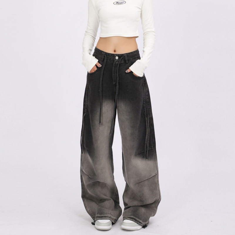American retro gradient lace-up wide-leg jeans for women 2025 spring design high waist loose straight floor pants