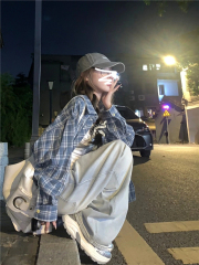 美式復古藍色格子襯衫女裝秋季新款外搭襯衣防曬外套休閒百搭上衣