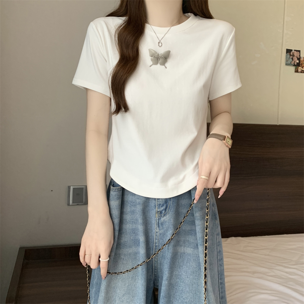 實拍   40支純棉210克92棉/8氨綸短袖T恤女別針蝴蝶結
