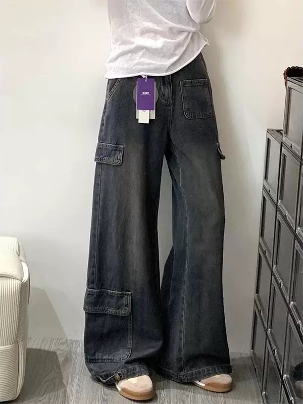 美式復古做舊工裝牛仔褲女冬季新款多口袋設計感顯瘦直筒闊腿褲子