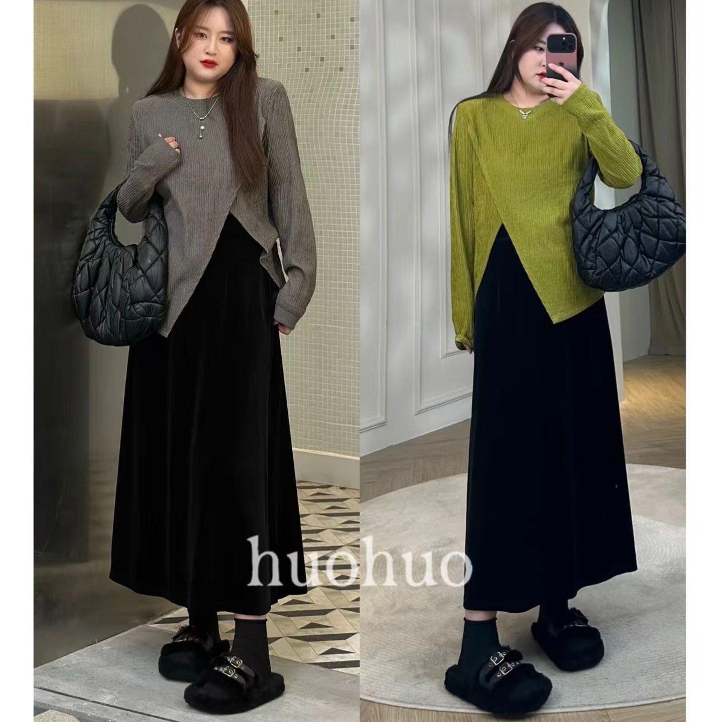 Huohuo 2025 early spring new large-size women's clothing fat girl two-piece versatile velvet skirt set