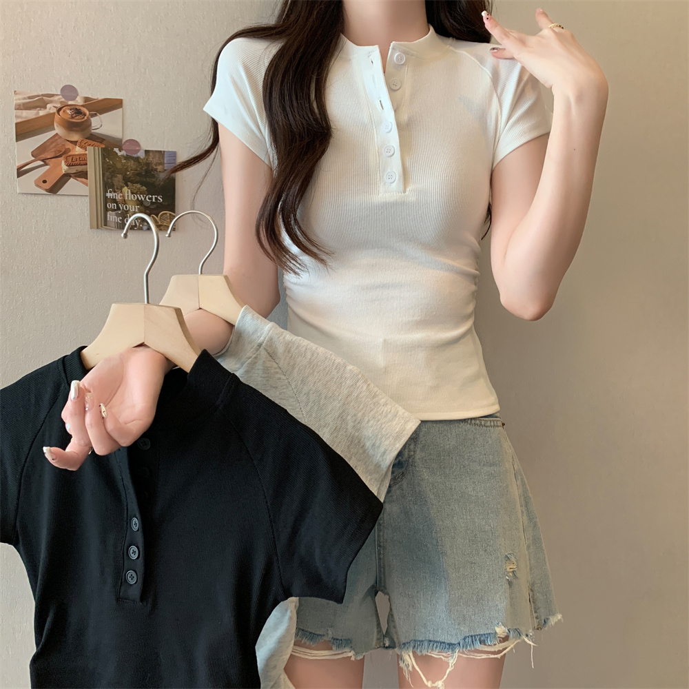 實拍 40支純棉210克92棉/8氨綸短袖T恤女紐扣