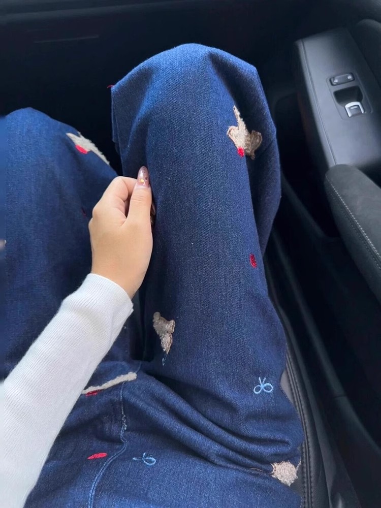 美式復古創意卡通高腰牛仔褲女春秋寬鬆闊腿設計感休閒百搭長褲潮
