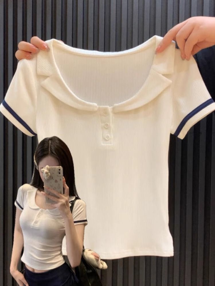 純欲學院風撞色polo翻領短袖T恤女夏季新款甜美修身顯瘦別致上衣