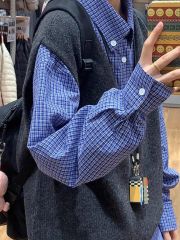 Young blue plaid shirt layered inside Japanese retro top long sleeve base shirt jacket men and women