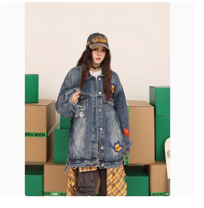 高街美式復古蝴蝶刺繡牛仔外套女春秋設計感小眾寬鬆工裝夾克上衣