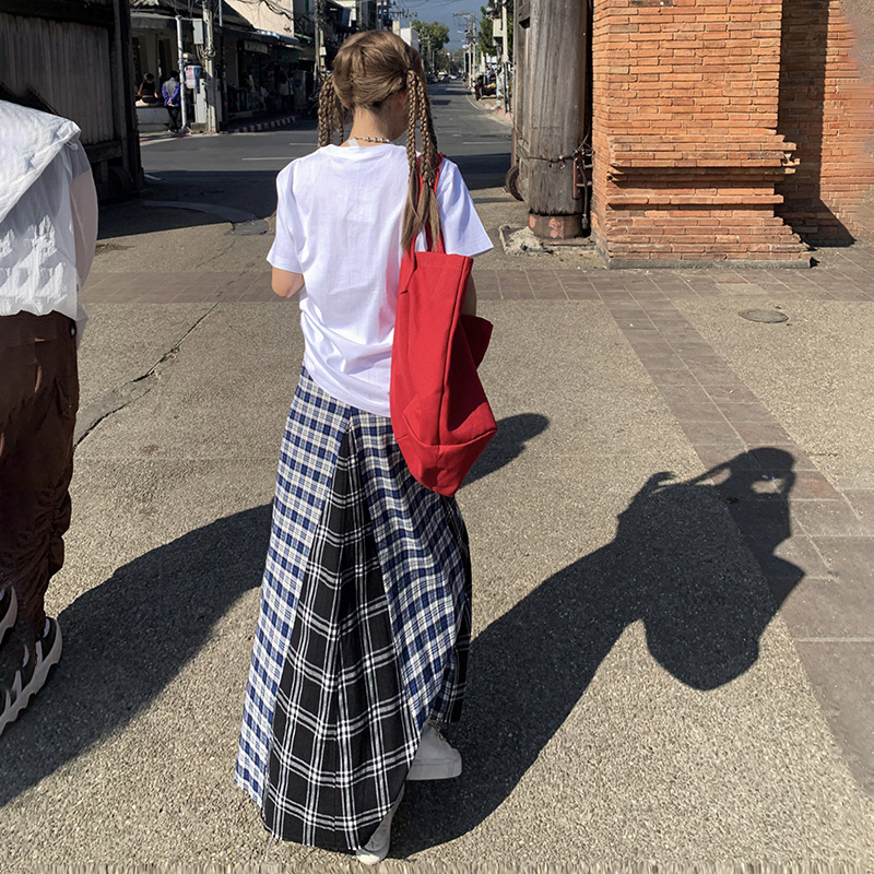 Real-life American retro high-waisted plaid contrasting A-line skirt skirt spring and summer pleated matte spliced ​​casual long skirt