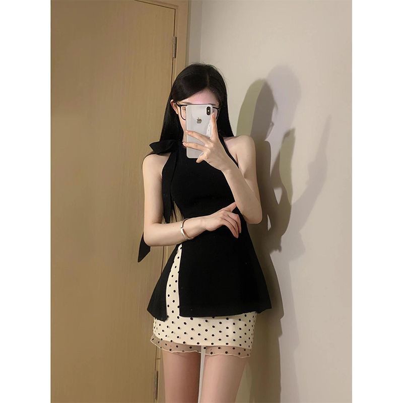Women's 2025 summer new Korean style design black slit top high waist polka dot skirt trendy