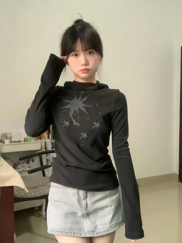 早秋新款德絨連帽水星印花打底衫長袖上衣