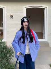 實拍韓版格紋襯衫式棉服外套女冬季新款寬鬆加厚保暖百搭棉衣