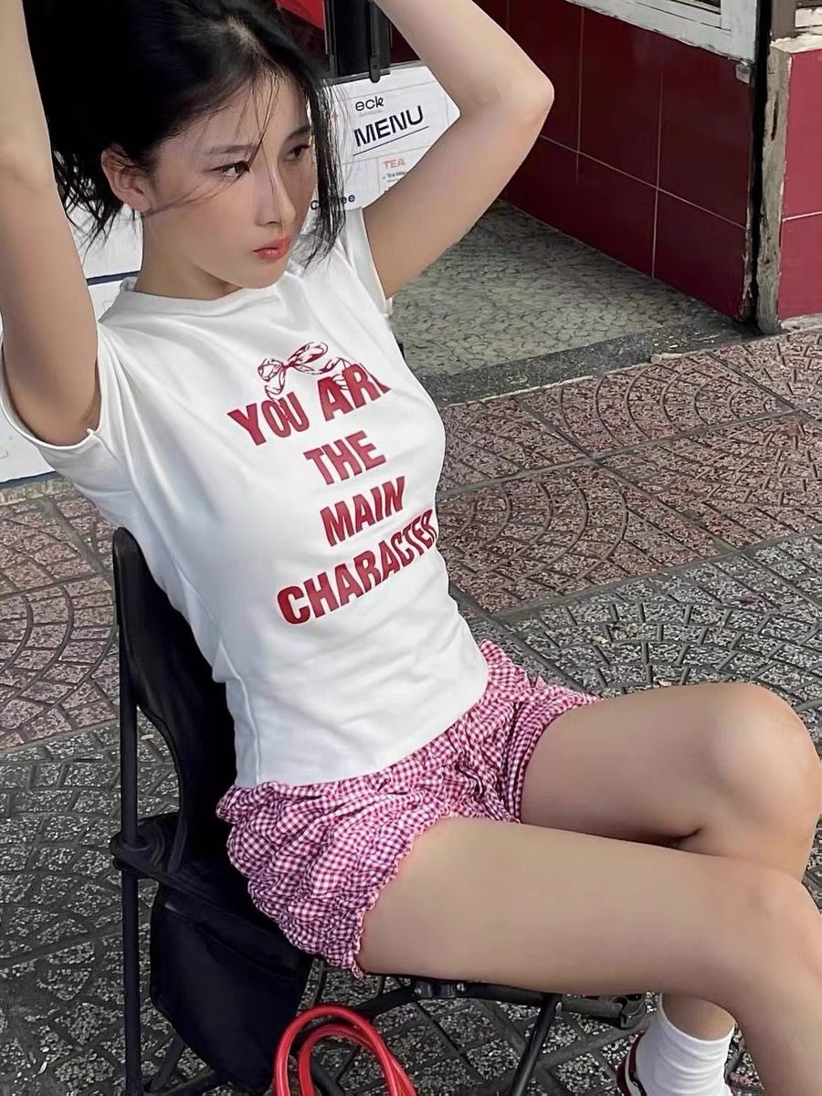 High-quality pure cotton 210g 40 Odale with elastic front printed slim short-sleeved T-shirt for women