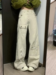 美式工裝微喇褲女秋冬新款高腰顯瘦多口袋不貼腿拖地喇叭褲潮