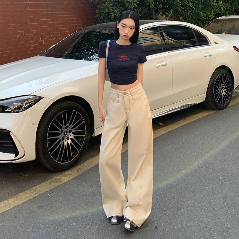 Real photo of apricot wide-leg jeans for women in 2025 spring new high-waisted slimming loose draped straight-leg pants