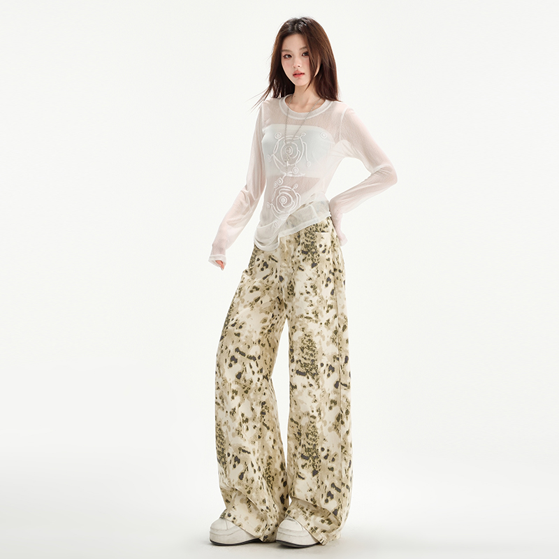 Real-life beige leopard print wide-leg jeans for women in 2025 new high-waist loose slim draped straight-leg mopping pants