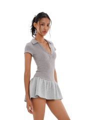 SweetChilling 美式校園風POLO領空拼接網球裙連衣裙女