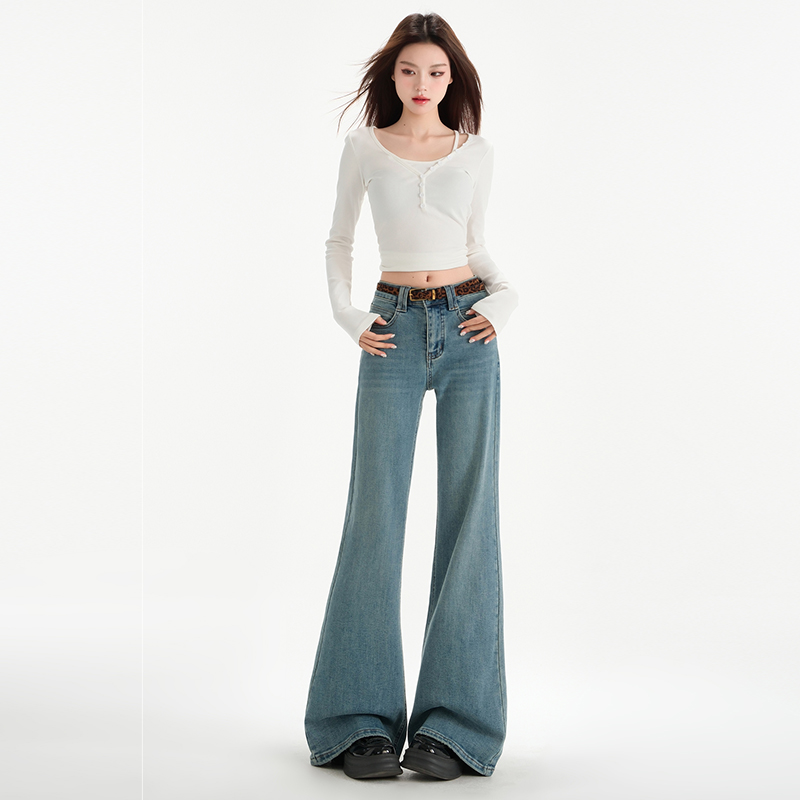 Real shot of retro micro-flare jeans for women in 2025 spring new high-waist elastic slimming without legs