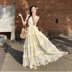 Pure Desire Sexy V-Neck Layered Suede Edge Cake Dress for Women Beach Vacation Backless Elegant Strap Dress