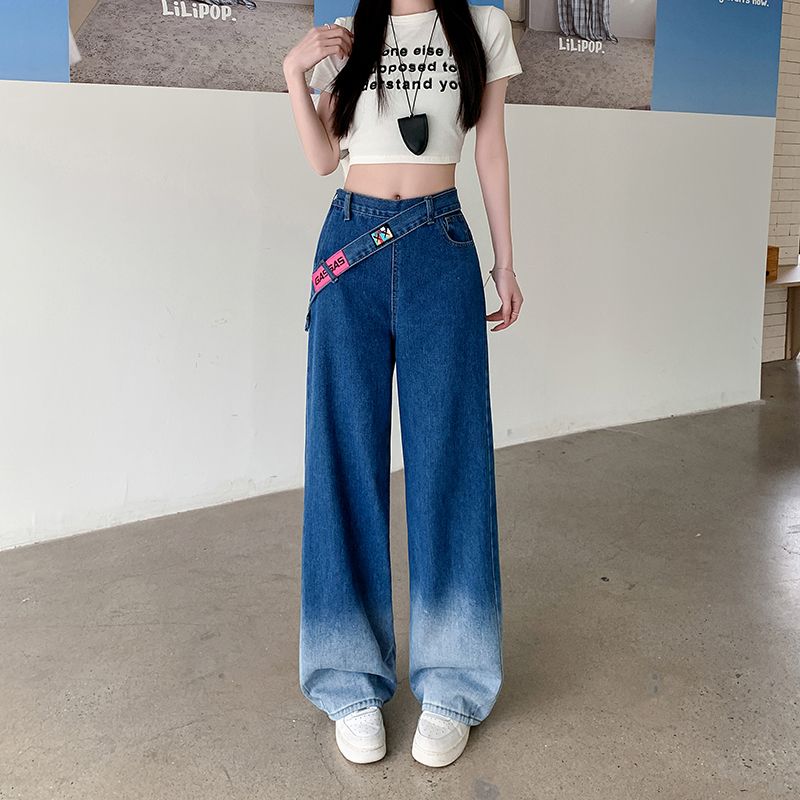 實拍~側邊拉鏈漸變牛仔褲女春季新款美式高腰直筒闊腿長褲子