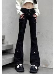 American-style Y2K-inspired spicy multi-pocket overalls for women: Spring-season slim-fit, figure-flattering casual denim pants with flared, floor-sweeping legs