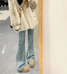 Women's Low-Waist Micro-Bellbottom Denim Jeans Spring and Autumn New Light Color Loose Slimming Retro Drape Floor-Length Hoof Pants