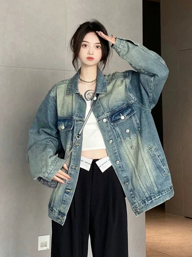 Vintage Washed Retro American-style Women's Spring and Autumn New Oversize Street-style Loose Jacket