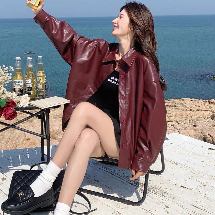 Women's Short Red PU Jacket 2025 Spring New Small Figure Loose Casual Retro Leather Biker Jacket Top