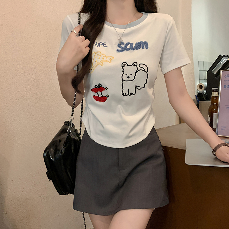 Real shot 1*1 thread 210g short-sleeved T-shirt summer 2025 trendy embroidered front shoulder slim short round neck top for women