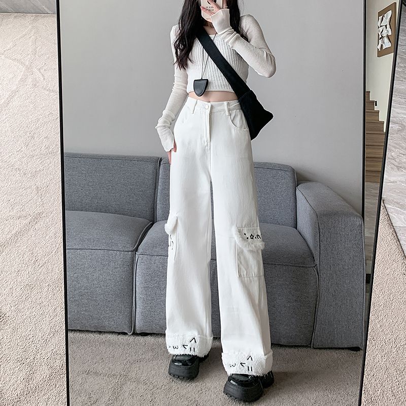 實拍~可愛毛絨拼接毛絨絨邊闊腿褲大口袋工裝褲顯瘦顯高長褲
