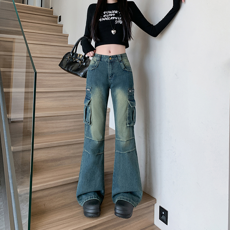 實拍~美式復古美式做舊工裝牛仔褲女秋冬寬鬆口袋微喇叭長褲