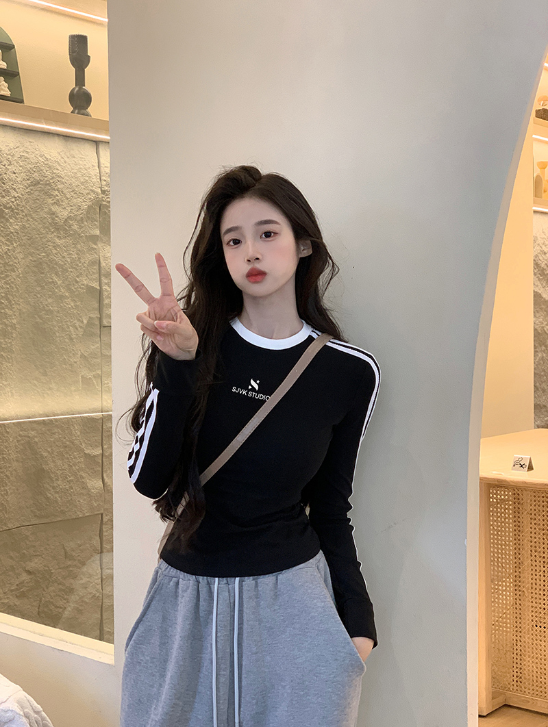 實拍1*1螺紋210克長袖t恤女裝2025早春新款潮短款修身圓領打底衫