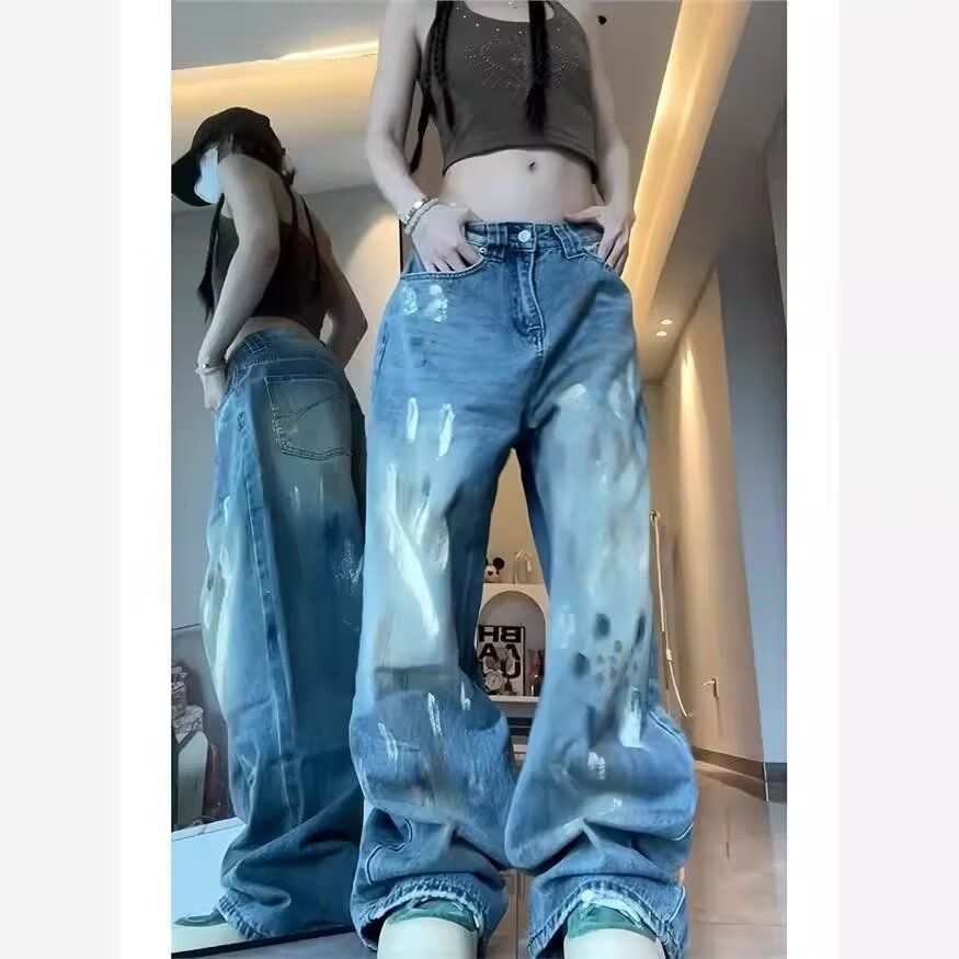 韓版小眾設計感春秋新款高腰顯瘦塗鴉洗水直筒闊腿牛仔褲女