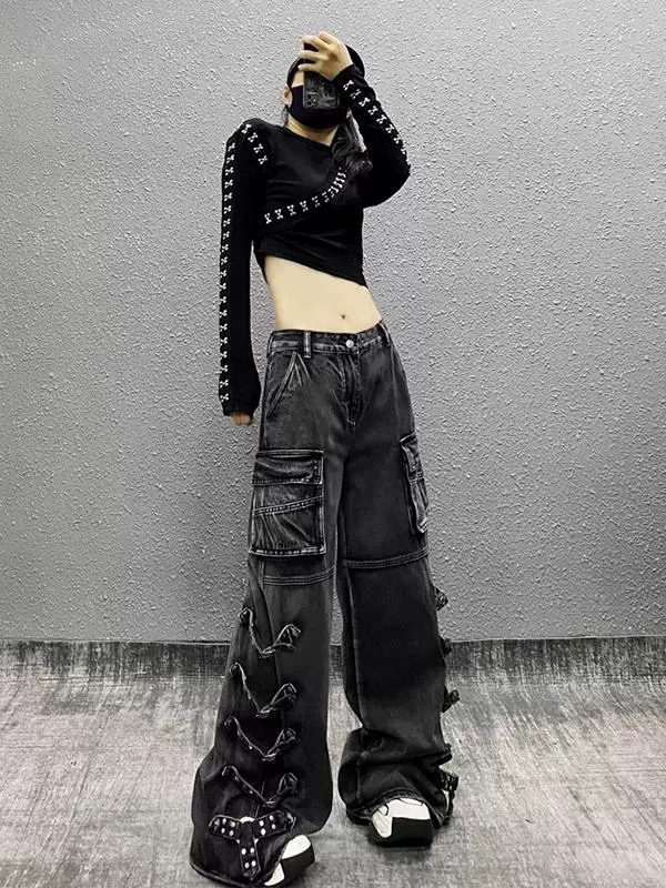 美式辣妹重工設計直筒牛仔褲女2025春季新款側邊系帶寬鬆闊腿褲子