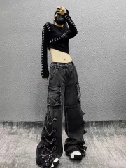 American-style spicy girl heavy industry design straight-leg jeans for women 2025 spring new side tie belt loose wide-leg pants