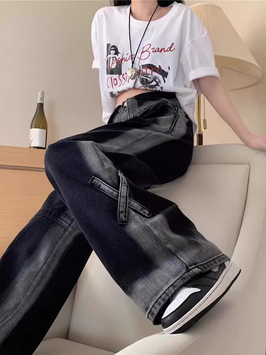 歐美vibe風復古高街漸變翻邊牛仔褲男女小眾設計感hiphop炸街褲子