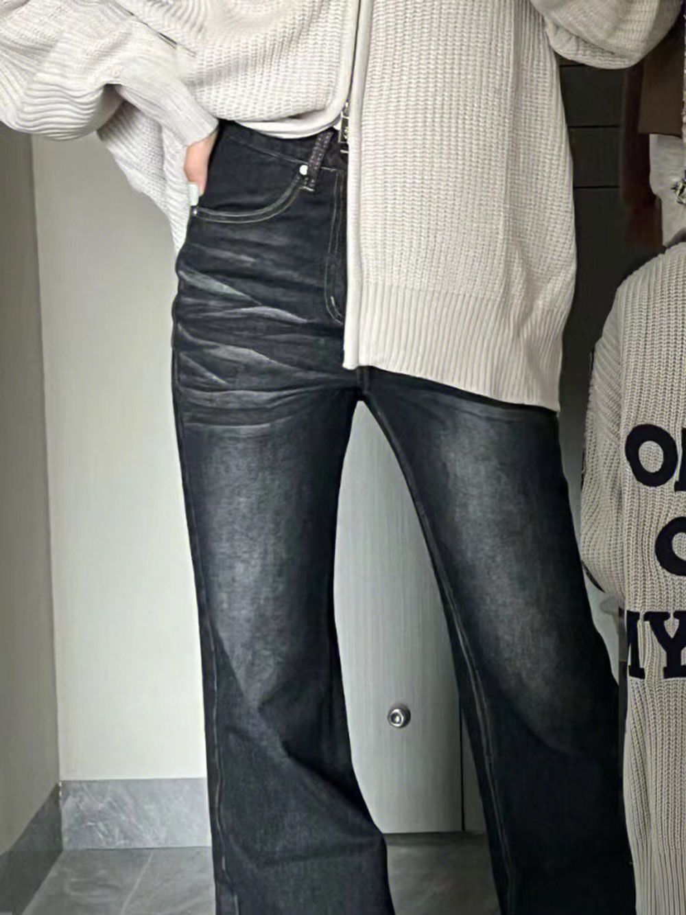 美式ins復古水洗黑色微喇叭牛仔褲女高街辣妹顯瘦直筒闊腿長褲潮