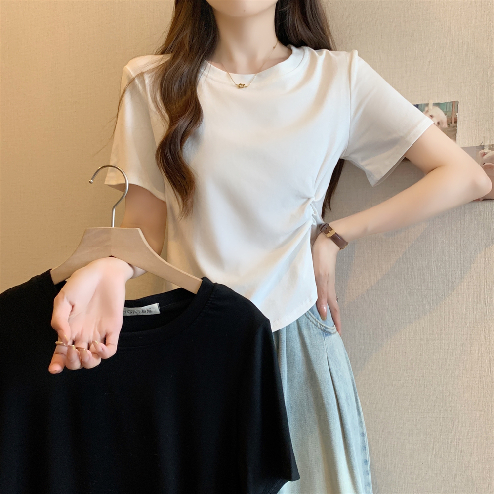 實拍 40支純棉210克92棉/8氨綸短袖T恤女高腰短款