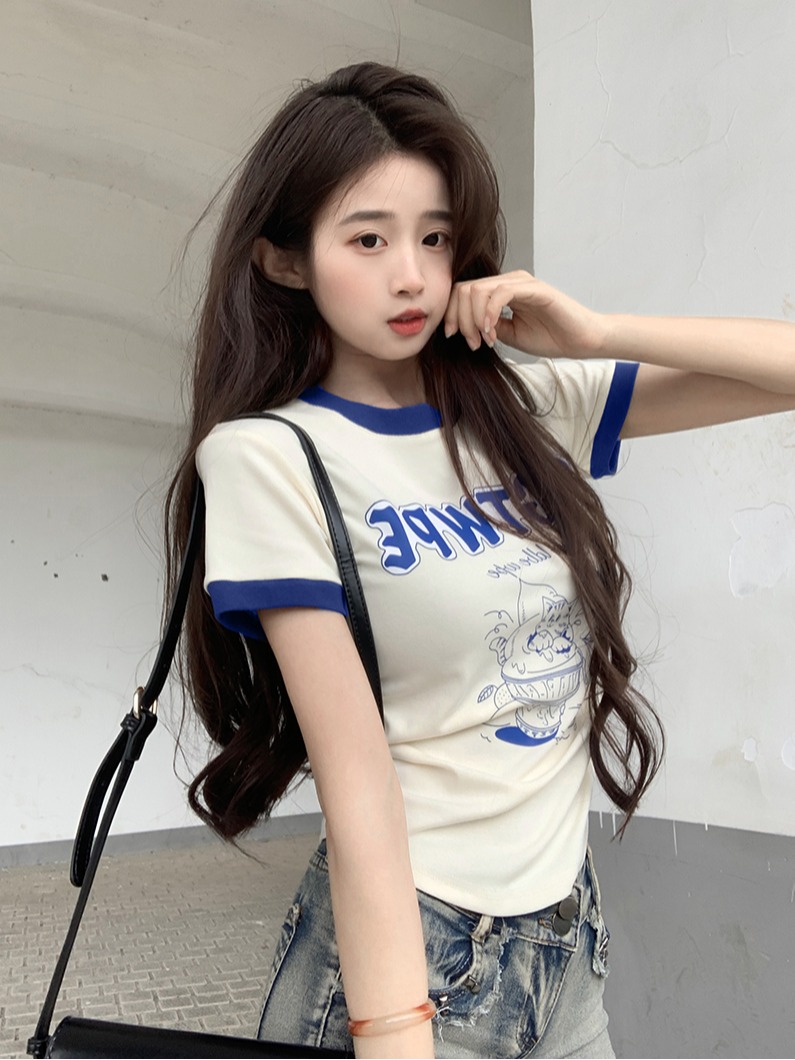 實拍1*1螺紋210克短袖t恤夏2025潮印花正肩修身短款圓領上衣女裝