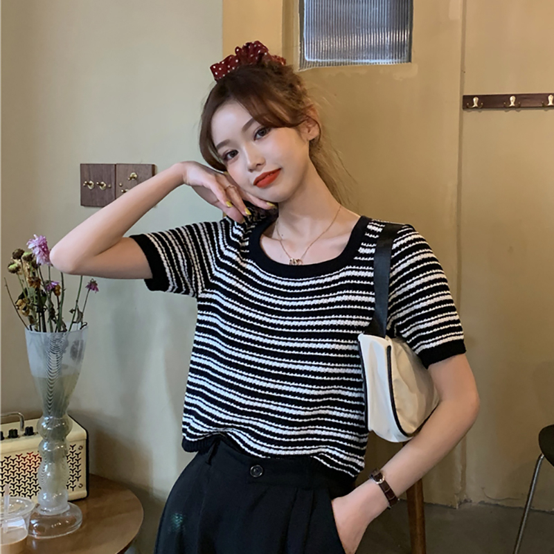 黑白條紋針織衫T恤女短款短袖上衣夏季新款高腰寬鬆ins潮