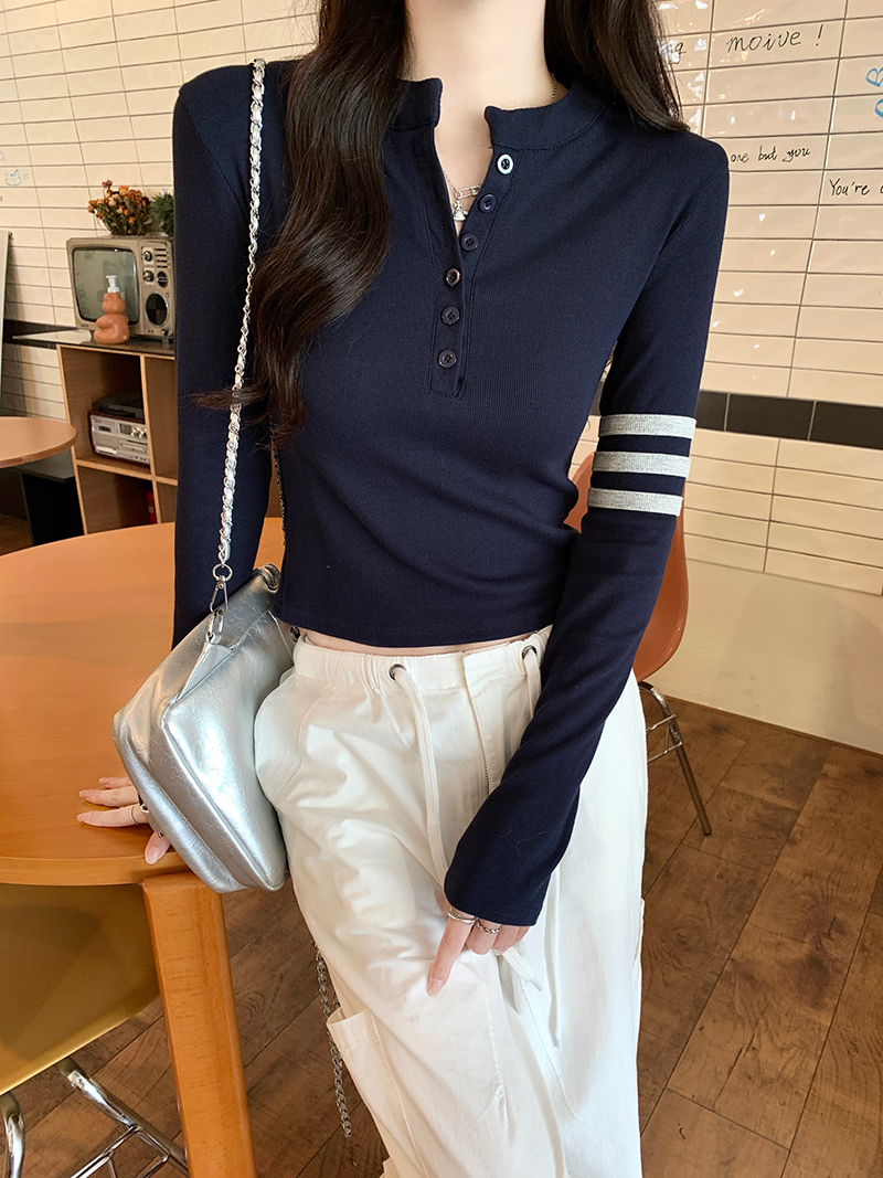實拍2*2螺紋打底衫女2025早春新款條紋薄紐扣短款圓領上衣長袖t恤