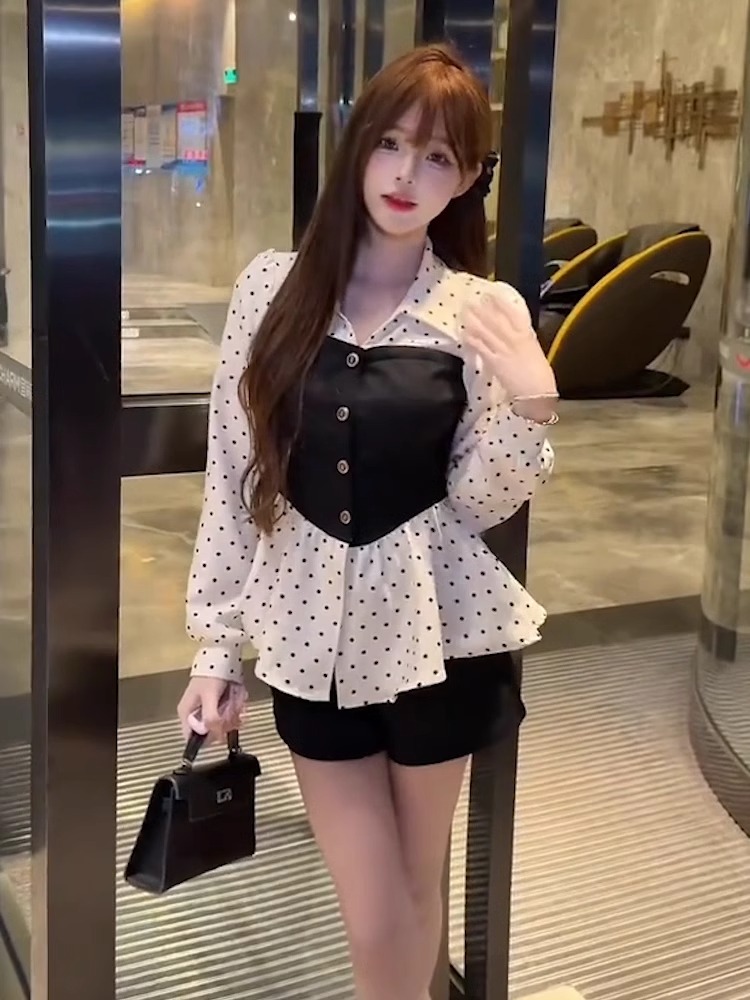 French sweet black strapless polka dot shirt fake two-piece design waist-hugging and slimming high-end long-sleeved top