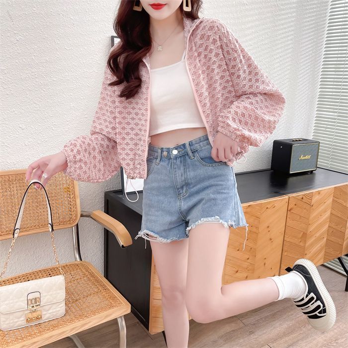 Real shot of quality summer super hot short shirt 2025 hollow hook stand collar long sleeves for women