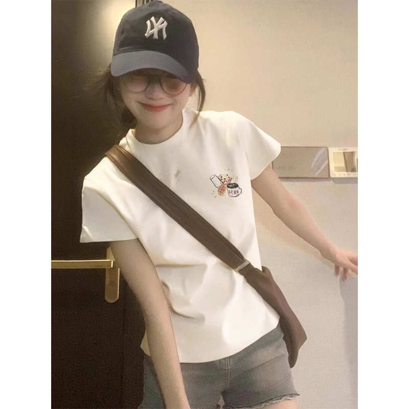 高品質純棉210克40支奧代爾帶彈力前 印花修身短袖t恤女