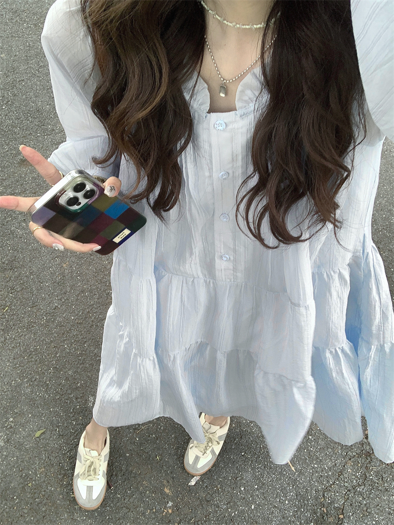 實拍#法式清冷水藍色連衣裙女寬鬆度假長裙
