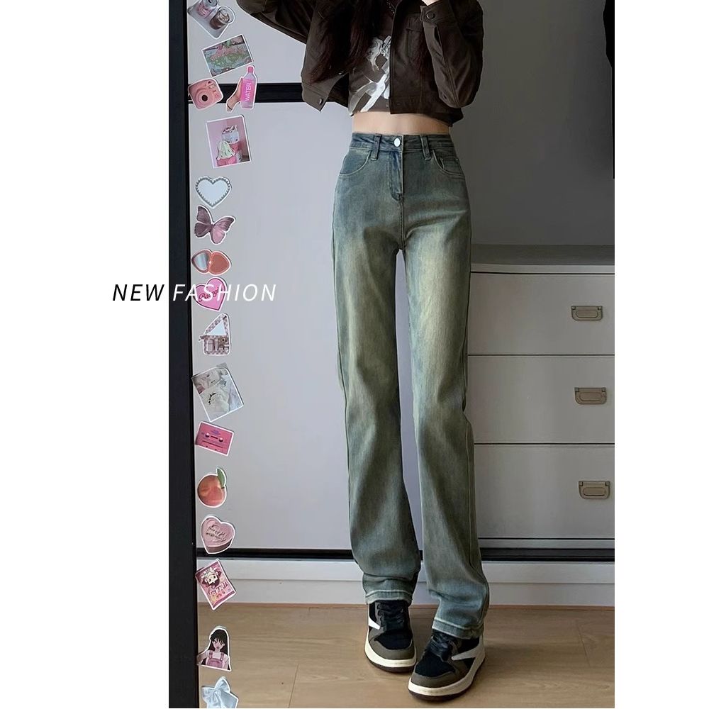 高腰直筒牛仔褲女2025新款春秋季復古美式高街窄版闊腿煙管褲長褲