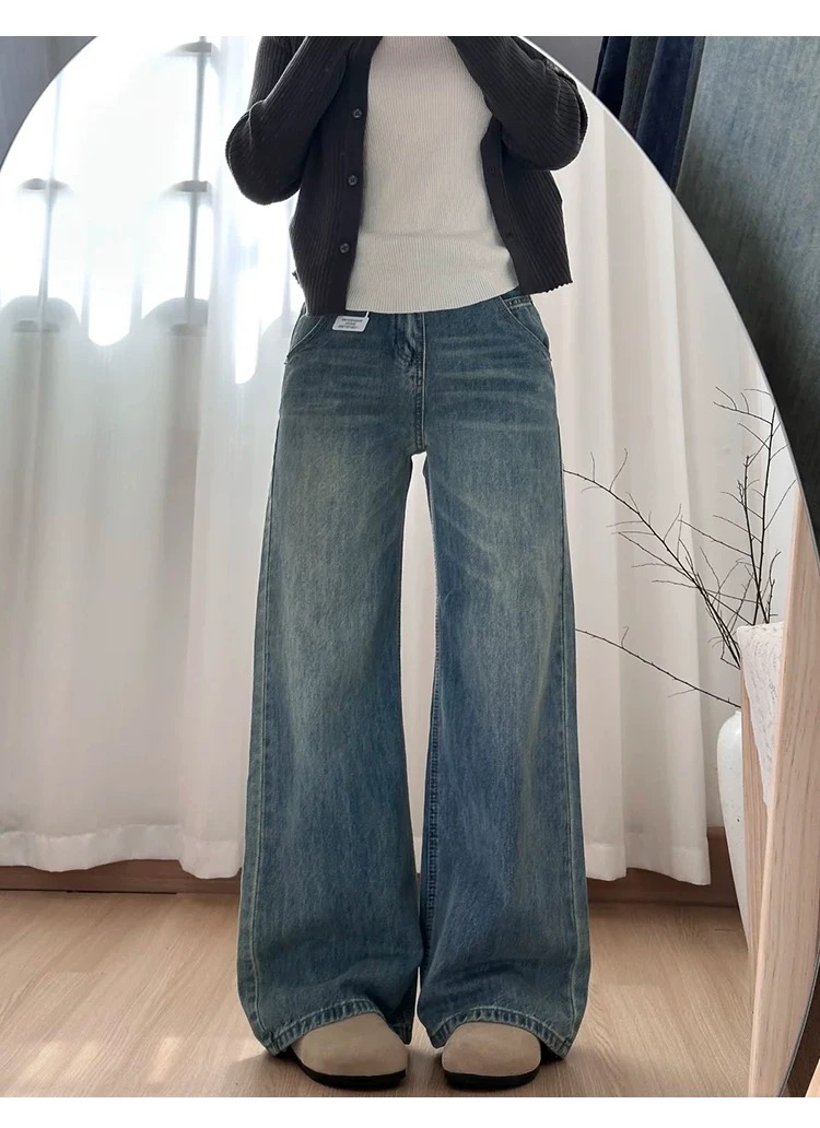 設計感高腰寬鬆直筒牛仔褲女春季新款美式復古水洗垂感百搭闊腿褲