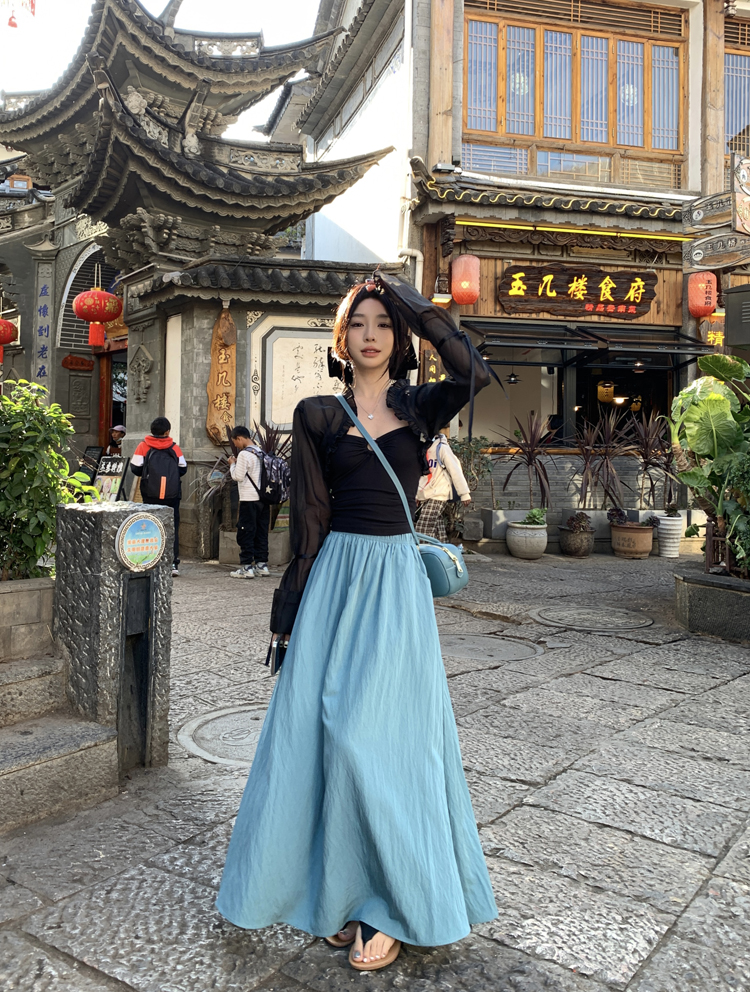 實拍鬆緊腰溫柔風純色半身裙女垂感大擺裙春季顯瘦A字裙中長裙子