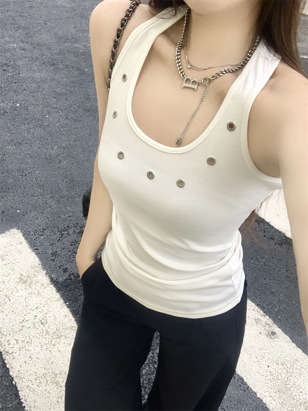 實拍  40支純棉210克92棉/8氨綸工字吊帶背心女露背